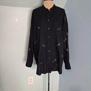 LL Bean Signature Black Cotton Pheasant Embroidered Band Collar Shirt Large